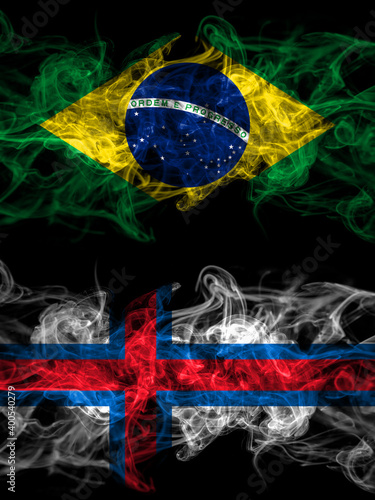 Brazil  Brazilian vs Faroe Islands  Faroese smoky mystic flags placed side by side. Thick colored silky abstract smoke flags.