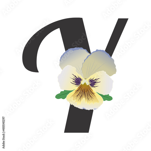 Delicate blue garden violet with yellow and purple spots decorates the black letter Y. Vector illustration, flat style, gradients. Single bud of a pansy flower with two leaves. For decorating text.