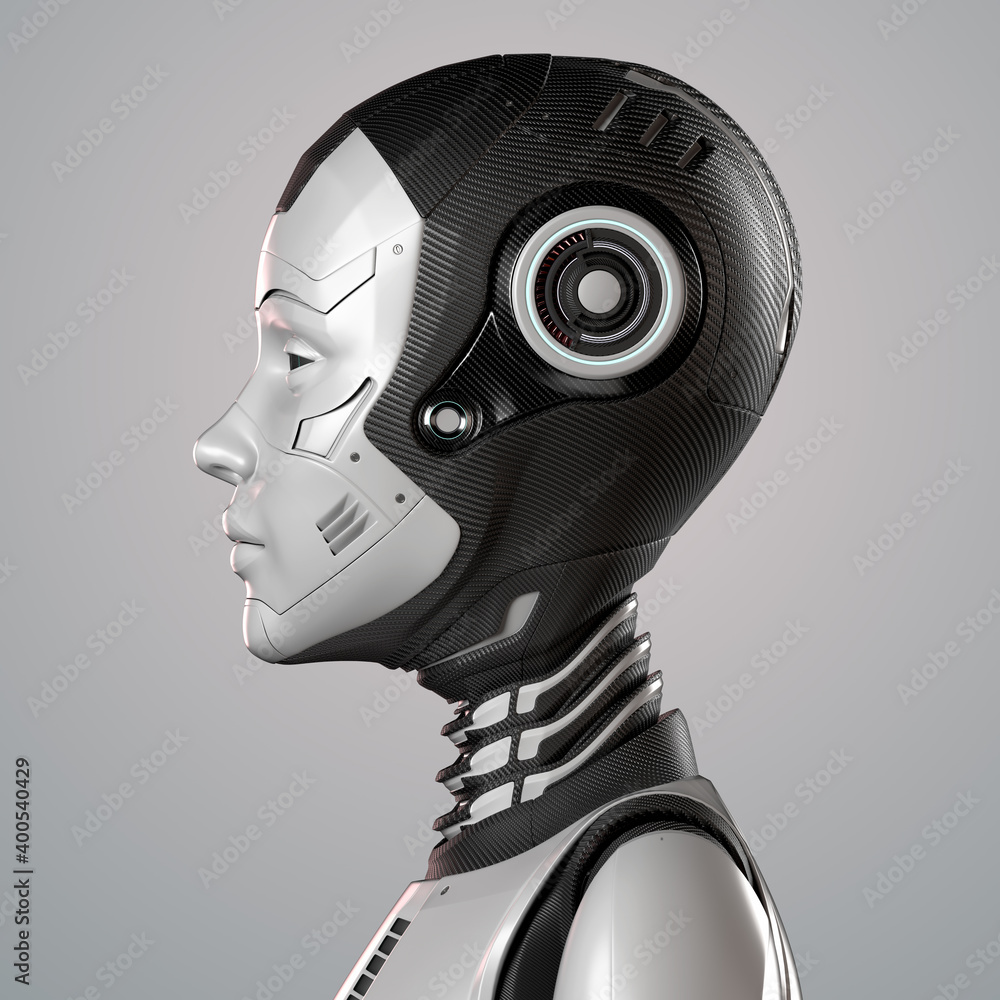 3D render of a very detailed robot face or technological cyborg head. Side  view isolated on grey background Stock Illustration | Adobe Stock