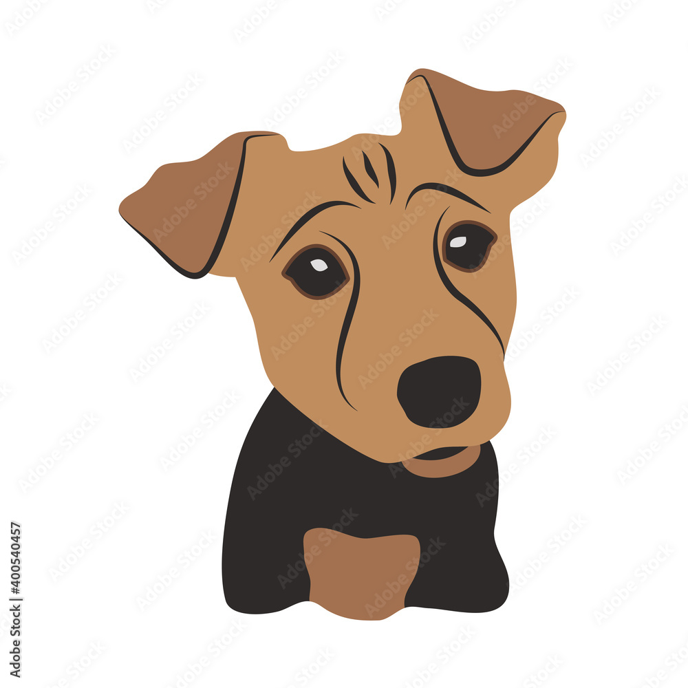 Portrait of a cute puppy dog with big sad eyes. Hand-drawn vector, flat style. Fanny cartoon baby pet. Brown and black colors. For children's illustrations, printing on T-shirts, sublimation, internet Portrait of a cute puppy dog with big sad eyes. Hand-drawn vector, flat style. Fanny cartoon baby pet. Brown and black colors. For children's illustrations, printing on T-shirts, sublimation, internet