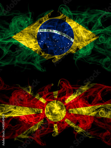 Brazil, Brazilian vs Macedonia, Macedonian smoky mystic flags placed side by side. Thick colored silky abstract smoke flags.