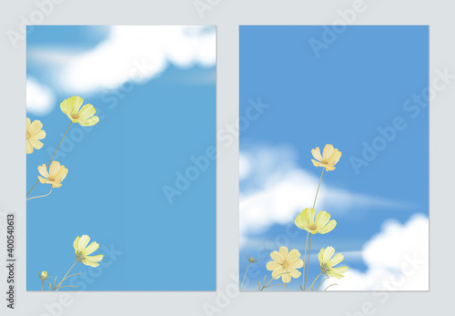 Floral poster template design, yellow cosmos flowers with blue sky and cloud