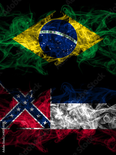 Brazil  Brazilian vs United States of America  America  US  USA  American  Mississippi smoky mystic flags placed side by side. Thick colored silky abstract smoke flags.