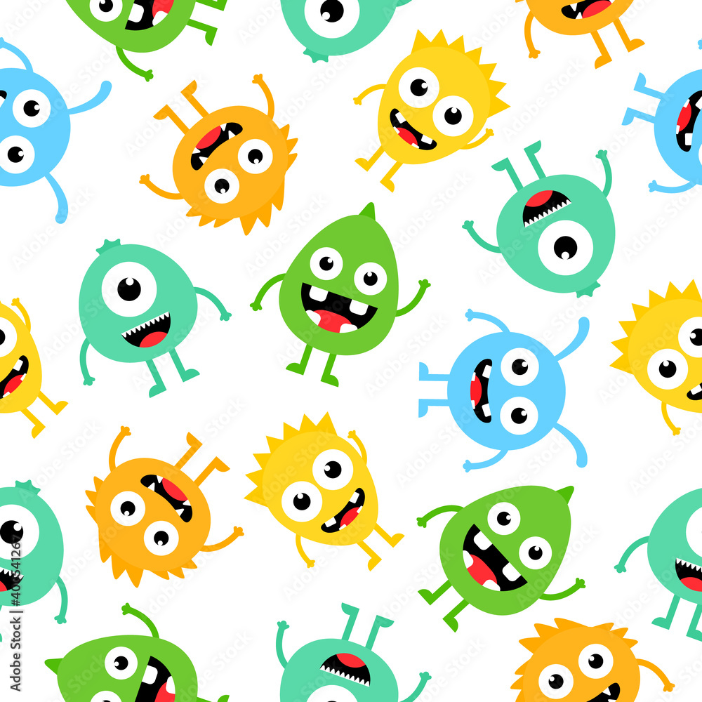 Naklejka premium Seamless pattern cartoon cute monsters background. Halloween design vector illustration isolated on white background