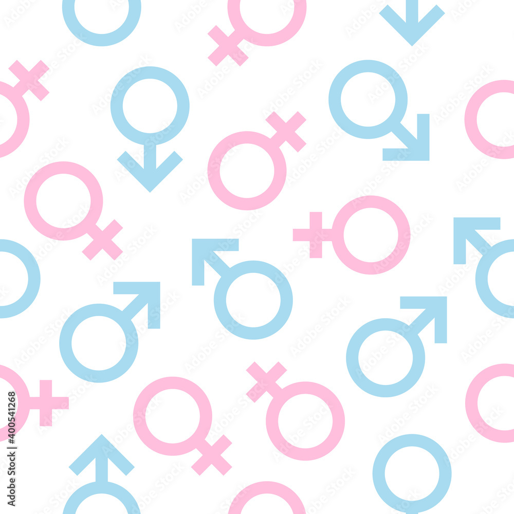 Gender symbol seamless pattern white background. Male and female colored symbols. Vector illustration. Gender symbol seamless pattern white background. Male and female colored symbols. Vector illustration.