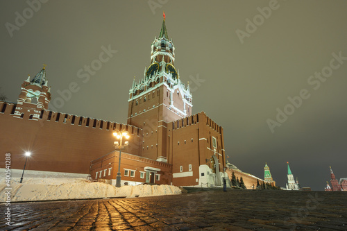 Red Square. Winter night. Spasskaya Tower, Red Kremlin wall, State historical Museum. Heritage theme.