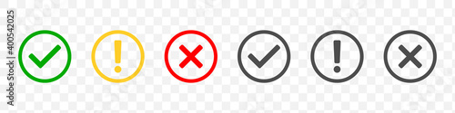 Check mark icons. Modern label icons check mark on transparent background. Tick sign, exclamation mark and cross icons. Yes and No symbols. Trendy style. Vector illustration photo