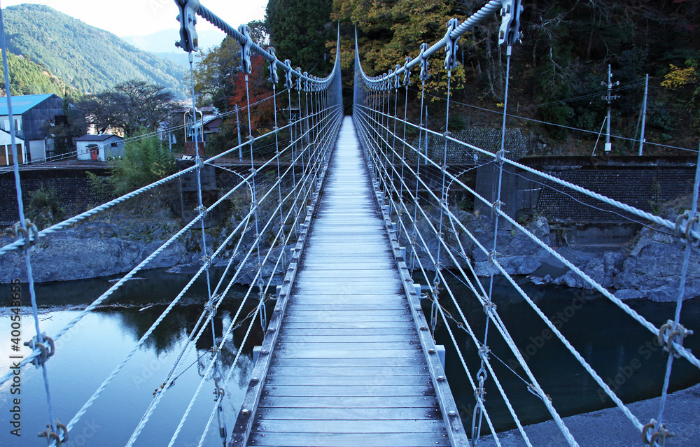 Fototapeta premium 大井川 両国吊橋|タイミングが合えば、眼下に「南アルプスあぷとライン」が走る姿を覗き見ることができる吊橋で、左右対称形状が見事です。