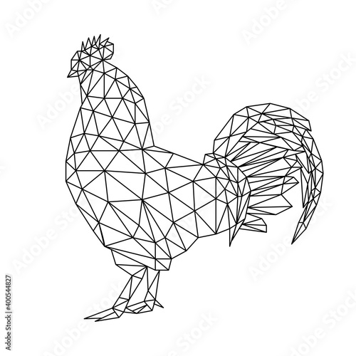 Isolated rooster in low poly style on white background. A polygonal illustration of an poultry consisting of triangles. Geometric design for the logo, for printing on clothes or poster. Vector.