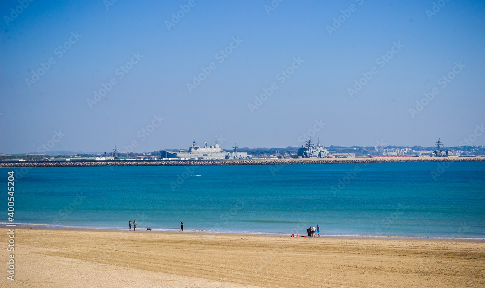 Rompidillo beach in Rota with view for the American naval base in Andalusía Spain.
