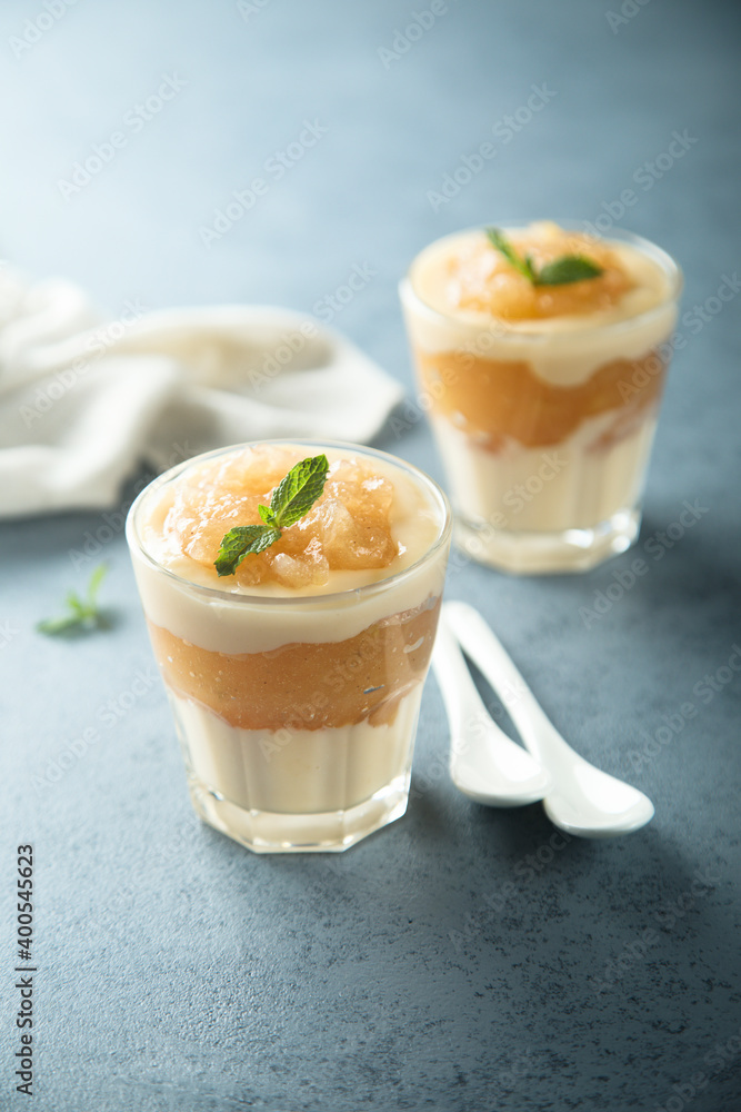 Homemade apple dessert with custard Homemade apple dessert with custard