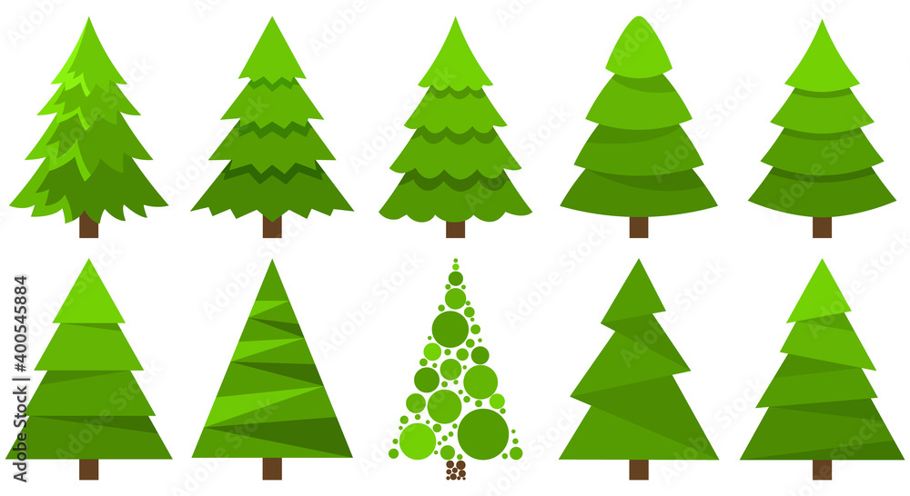 Obraz premium Christmas trees isolated on white background. New year trees. Flat style vector illustration.