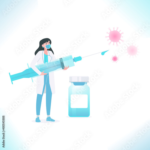 Vaccination and immunization concept. Doctor wearing medical mask holding medical syringe with vaccine against virus germs. Fighting against disease, vector illustration