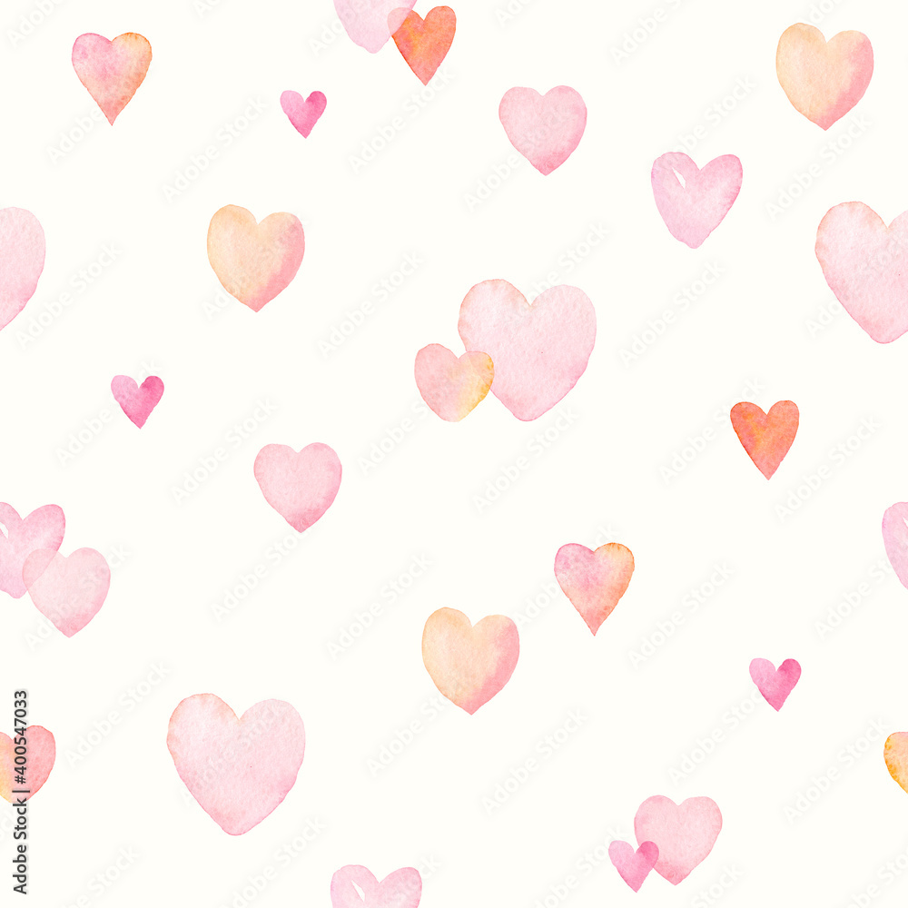 Cute seamless pattern with delicate blush hearts on ivory background. Watercolor illustration for textile, wallpapers or wrapping paper.