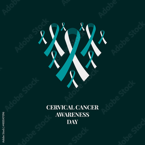 Cervical cancer poster with a heart made of ribbons on white background. White and teal bows for support and solidarity concept. Medical concept. Vector illustration.