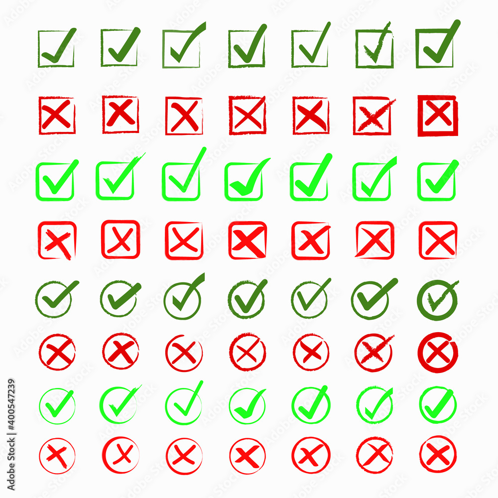 Set of hand drawn check marks, true or false sign icon of red and green color.