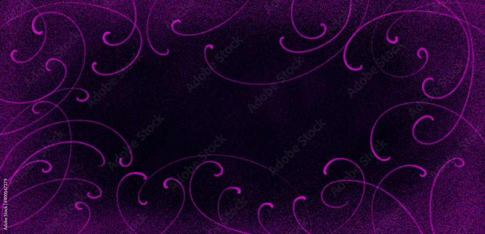 dark black abstract background with pink curls at the edges and grain