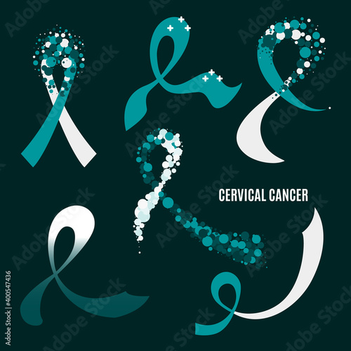 Cervical cancer awareness ribbon collection set. White and teal bows on dark background for support and solidarity concept. Medical concept. Vector illustration.