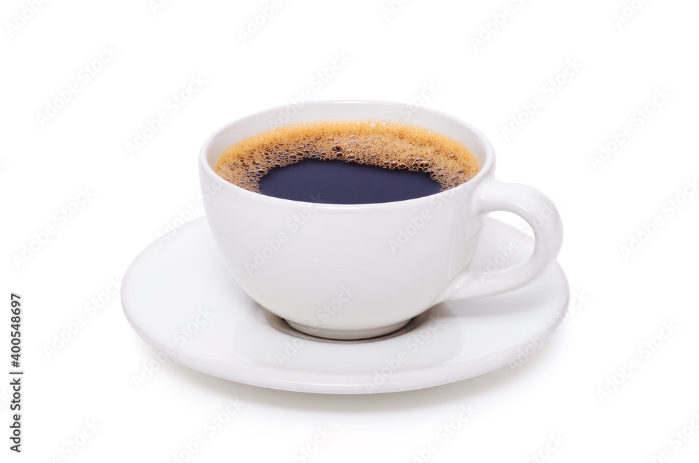 Black coffee in a white cup on plate top view isolated on white background. With clipping path Black coffee in a white cup on plate top view isolated on white background. With clipping path
