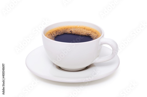 Black coffee in a white cup on plate top view isolated on white background. With clipping path