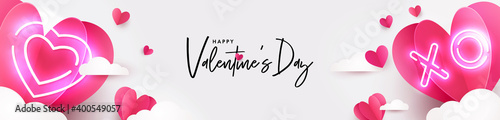 Valentines Day modern design for website banner, Sale, Valentine card, cover, flyer or poster in paper cut style with cute flying Origami Hearts over clouds and neon lighting heart on white background