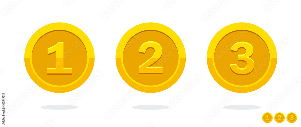 First place. Second place. Third place. Golden medal. Coin icon. Vector money symbol. Bank payment symbol. Golden coin. Achievement badge. Reward badge. Tokens with numbers. 1st, 2nd, 3rd places award First place. Second place. Third place. Golden medal. Coin icon. Vector money symbol. Bank payment symbol. Golden coin. Achievement badge. Reward badge. Tokens with numbers. 1st, 2nd, 3rd places award