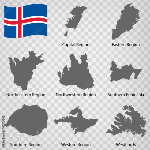 Eight Maps Regions of Iceland - alphabetical order with name. Every single map of  Region are listed and isolated with wordings and titles. Iceland. EPS 10.