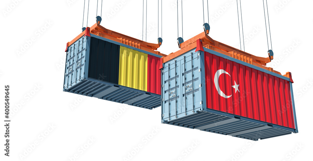 Freight containers with Belgium and Turkey national flags. 3D Rendering Freight containers with Belgium and Turkey national flags. 3D Rendering