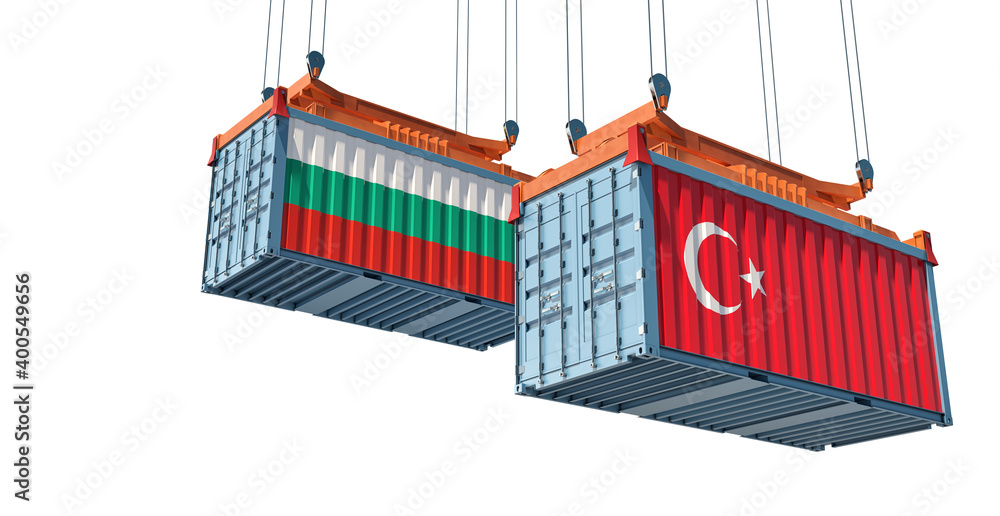 Freight containers with Bulgaria and Turkey national flags. 3D Rendering Freight containers with Bulgaria and Turkey national flags. 3D Rendering