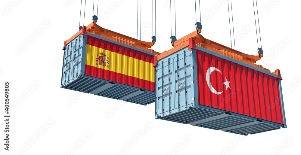 Freight containers with Turkey and Spain national flags. 3D Rendering 