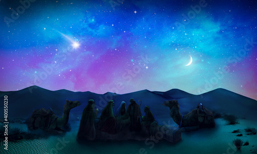 Nativity Of Jesus. Scene With The Holy Family At Sunrise