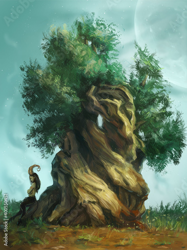 Fototapeta Digital painted illustration with satyr, faun, pan, and tree
