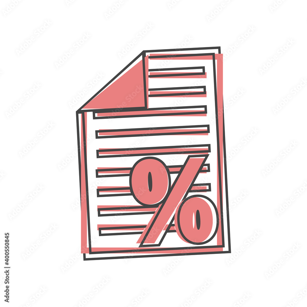 Vector document icon and percent sign. Loan symbol on cartoon style on white isolated background. Vector document icon and percent sign. Loan symbol on cartoon style on white isolated background.