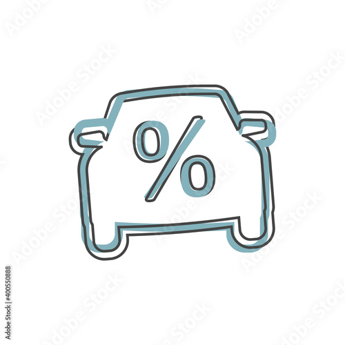 Vector car icon and percent sign. Loan symbol on cartoon style on white isolated background.