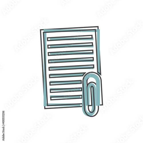 Vector document icon and paper clip. Business document icon on cartoon style on white isolated background.