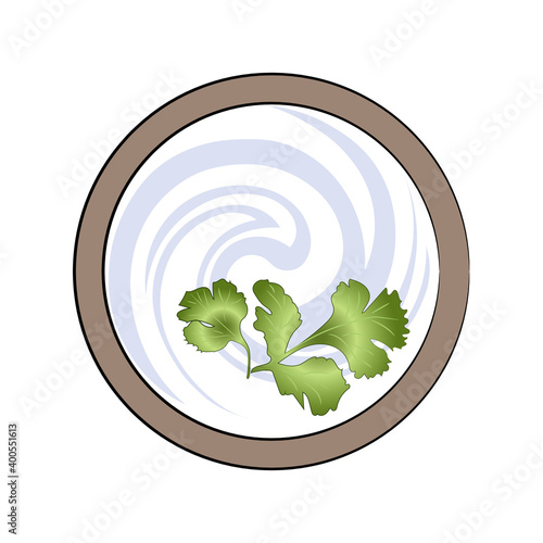 Bowl with sour cream and parsley, top view. Vector food illustration.