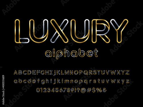 Vector of stylized modern glamorous font and alphabet design with uppercase, lowercase, numbers and symbols