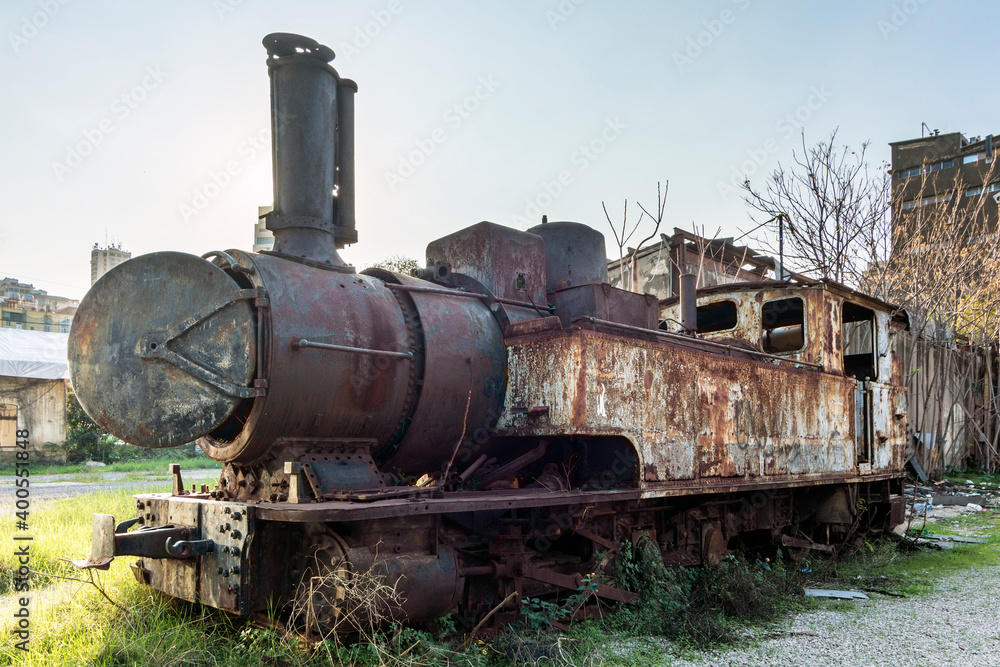 Naklejka premium Old rusty train in the old Beirut train station in Mar Mikhael, Lebanon