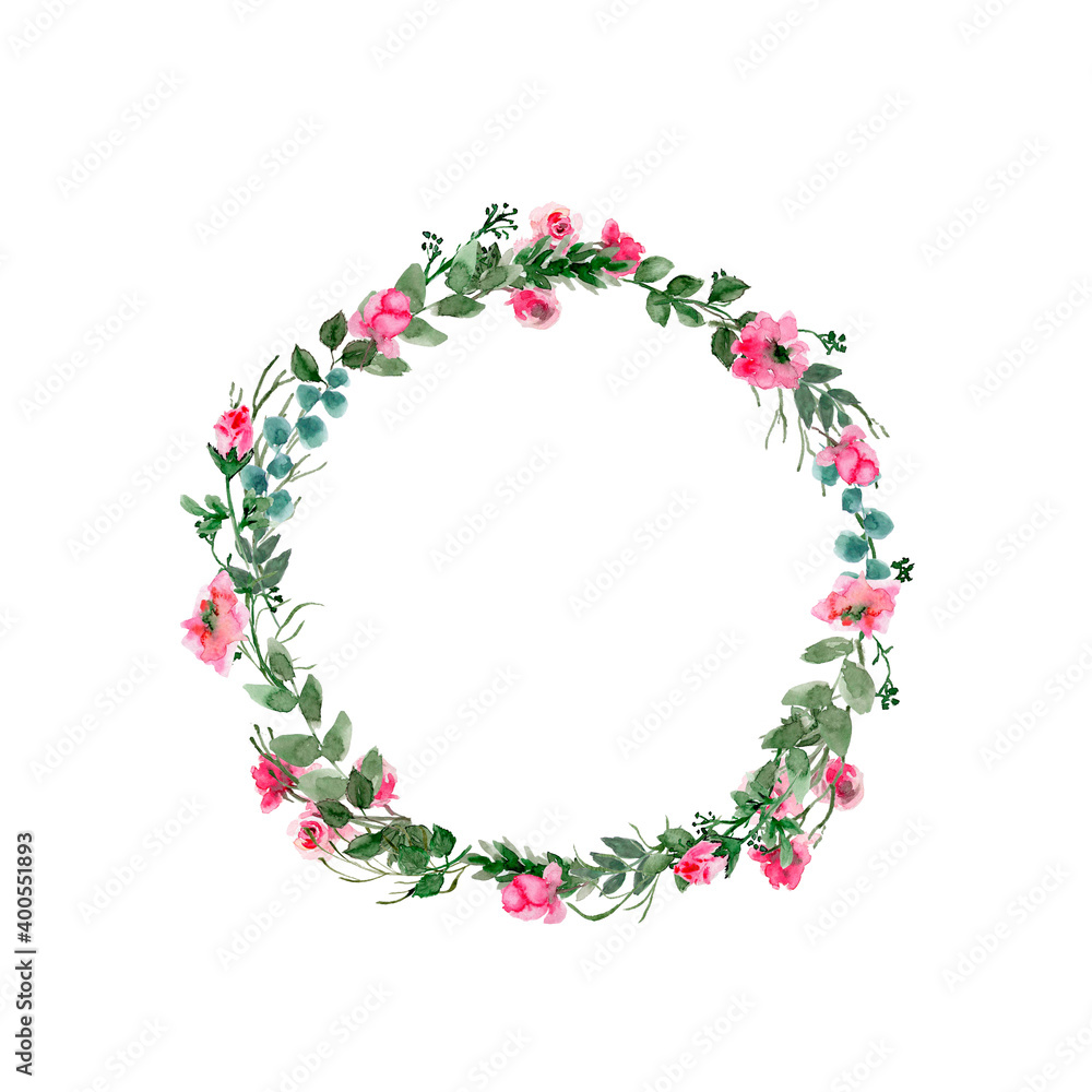 Watercolor pink peonies wreath. Circle pink roses frame. Green branches. Isolated floral Illustration. Perfect template for design