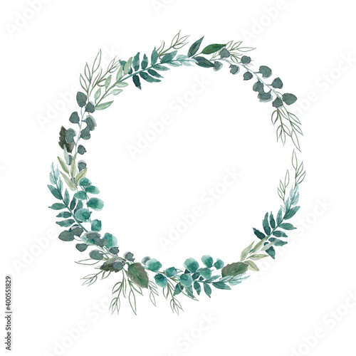 Watercolor green branches and leaves wreath. Circle rustic frame. Green branches. Isolated floral Illustration. Perfect template for design, wedding, invitations