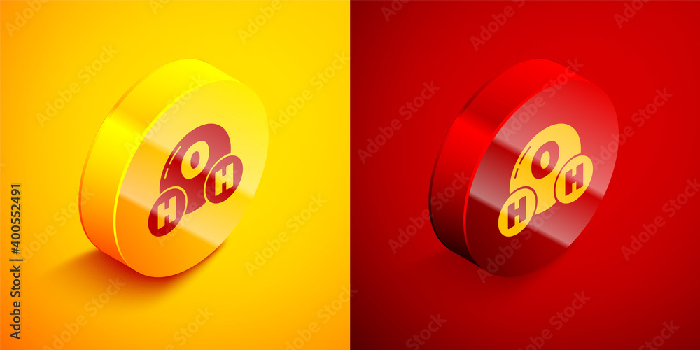 Isometric Chemical formula for water drops H2O shaped icon isolated on orange and red background. Circle button. Vector Illustration. Isometric Chemical formula for water drops H2O shaped icon isolated on orange and red background. Circle button. Vector Illustration.