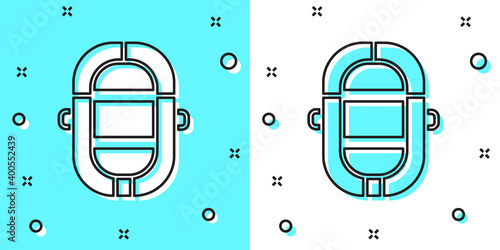 Black line Rafting boat icon isolated on green and white background. Inflatable boat. Water sports, extreme sports, holiday, vacation. Random dynamic shapes. Vector Illustration.