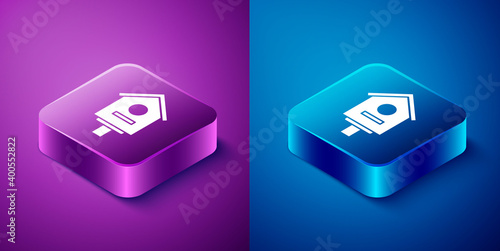 Isometric Bird house icon isolated on blue and purple background. Nesting box birdhouse, homemade building for birds. Square button. Vector Illustration.