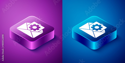 Isometric Envelope setting icon isolated on blue and purple background. Square button. Vector Illustration.