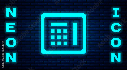 Glowing neon Safe icon isolated on brick wall background. The door safe a bank vault with a combination lock. Reliable Data Protection. Vector Illustration.