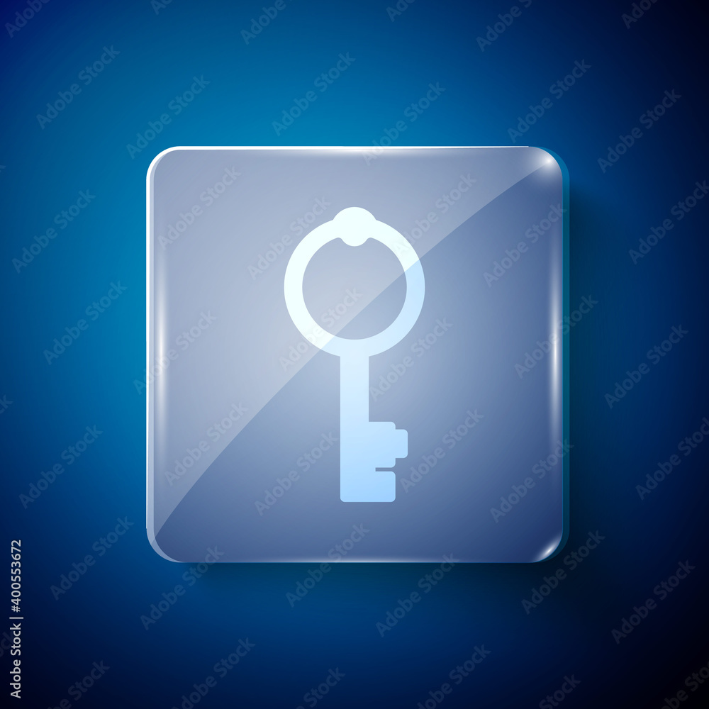 White Old key icon isolated on blue background. Square glass panels. Vector. White Old key icon isolated on blue background. Square glass panels. Vector.