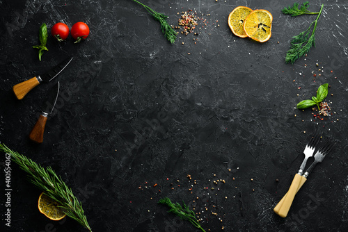 Black Stone Food Background. Cooking Ingredients. Top view. Free space for your text.