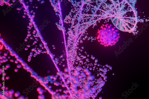 Coronavirus vaccine COVID-19 infection 3D medical illustration. Floating pathogen respiratory influenza covid virus cells with DNA. Dangerous pandemic risk background design
