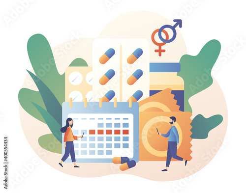 Contraceptive methods in sexual and reproductive health. Contraception concept. Safe sexual behavior, birth fertility control. Modern flat cartoon style. Vector illustration on white background