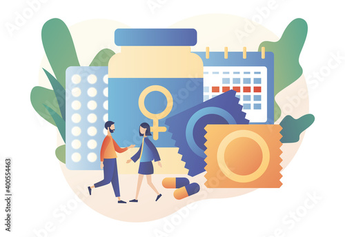 Contraception concept. Contraceptive methods in sexual and reproductive health. Safe sexual behavior, birth fertility control. Modern flat cartoon style. Vector illustration on white background